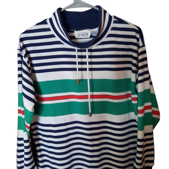 Vintage Sportif Bright Striped Pullover Adj Collared Shirt Long Sleeves Size S - Picture 2 of 6